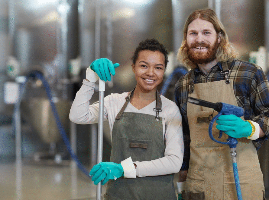 Two commercial cleaning services workers smile on a jobsite.