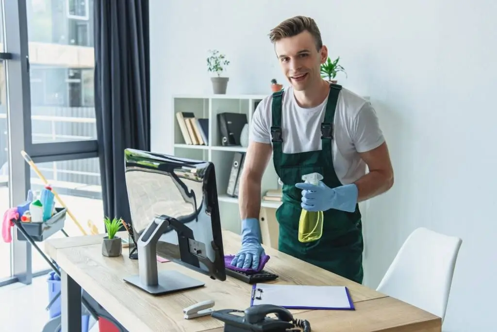 Cropped view of a professional day porter tidying and sanitizing an office desk during work hours.
