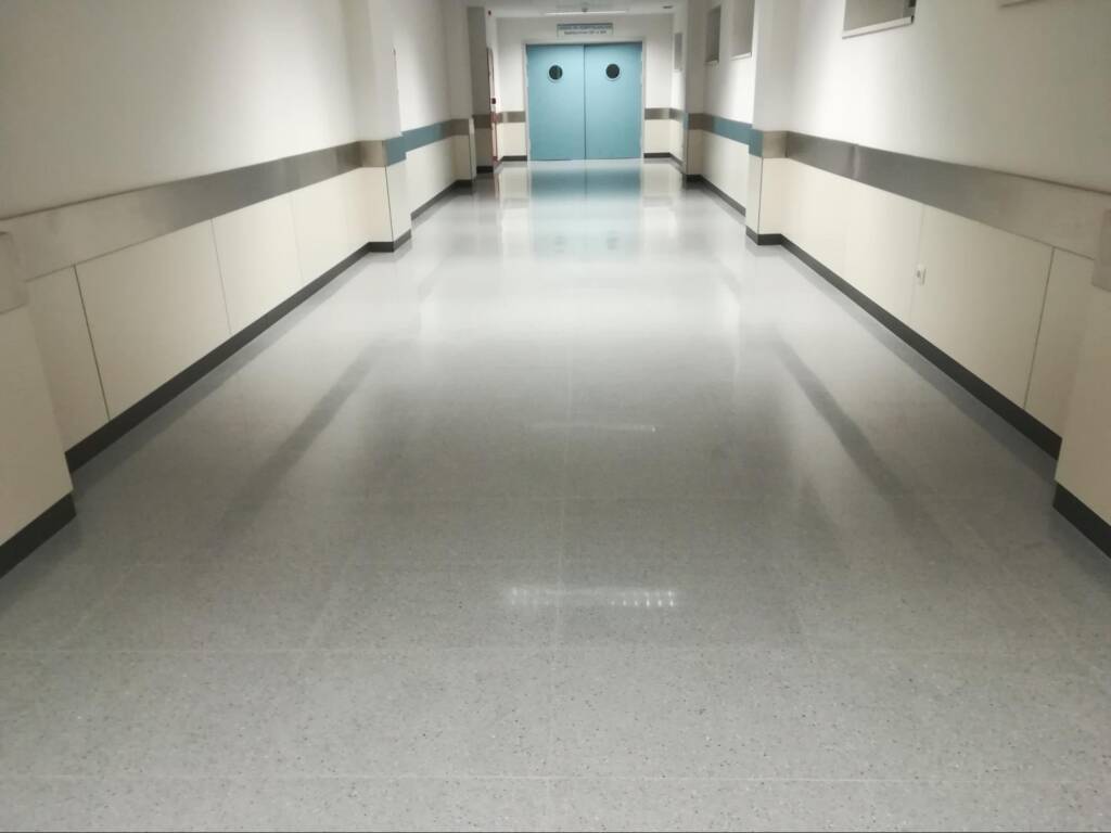 Hospital corridor with well-maintained floors