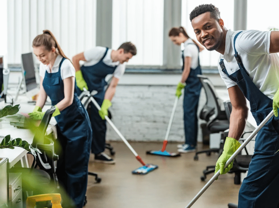 A man and his team of commercial cleaners smile as they clean an office.