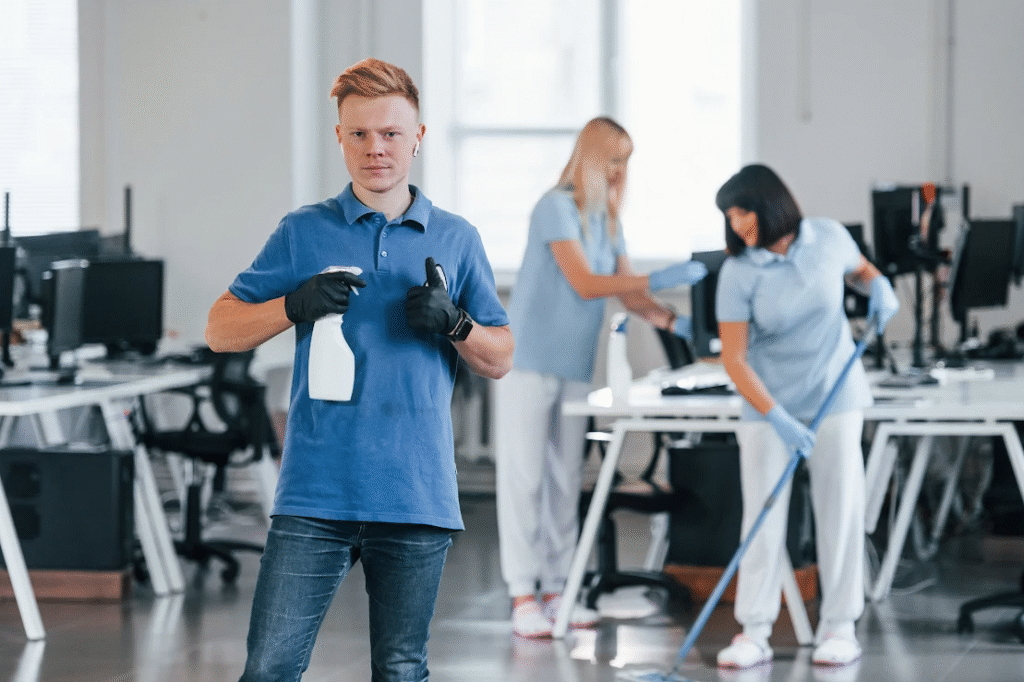 A man holding a spray bottle and his fellow cleaners work on the floors of an office.