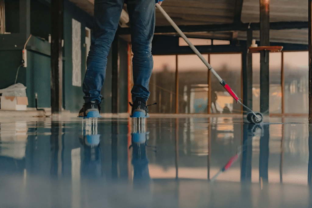 A worker applies a fresh coat of epoxy resin to a floor.