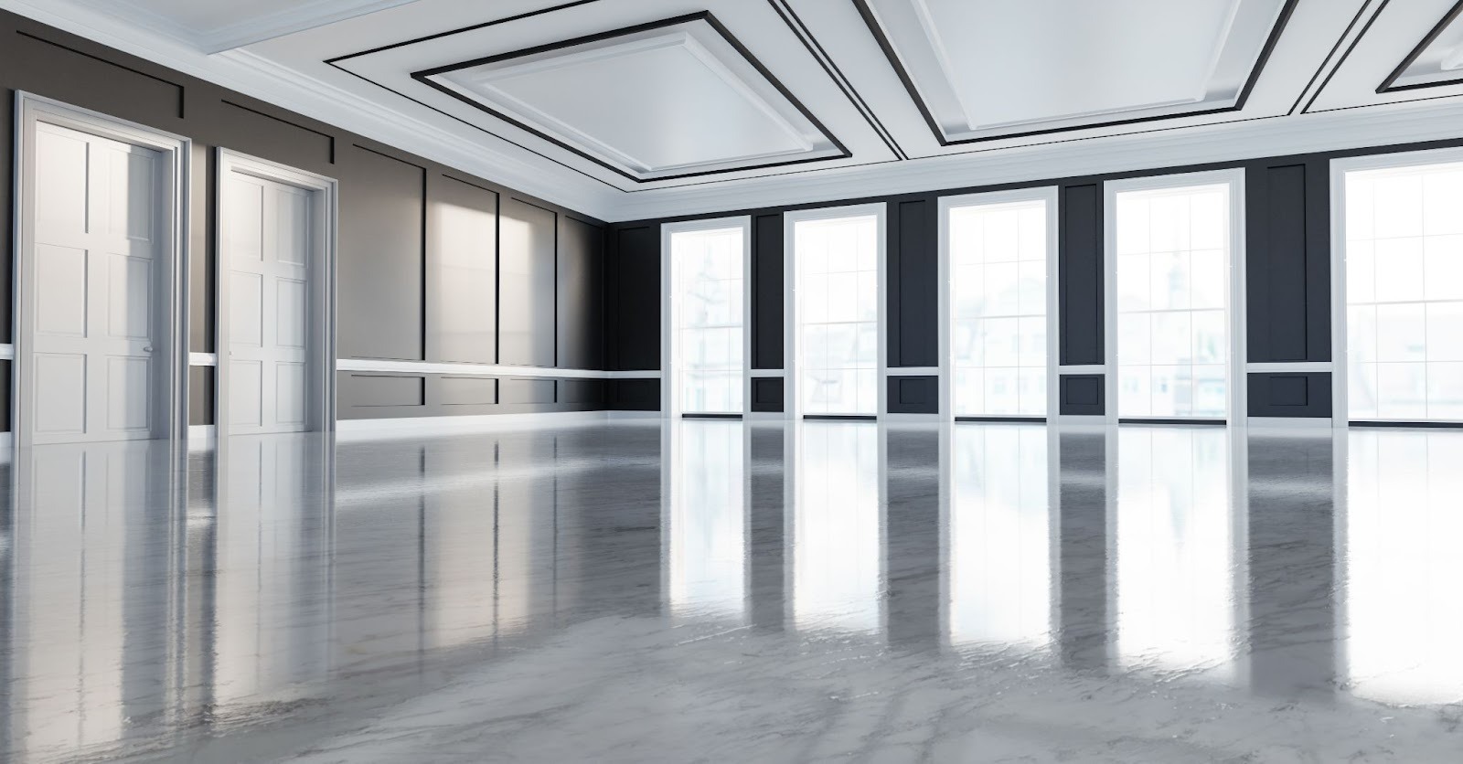 Empty commercial lobby highlighting professionally refinished vinyl flooring with a bright, reflective finish