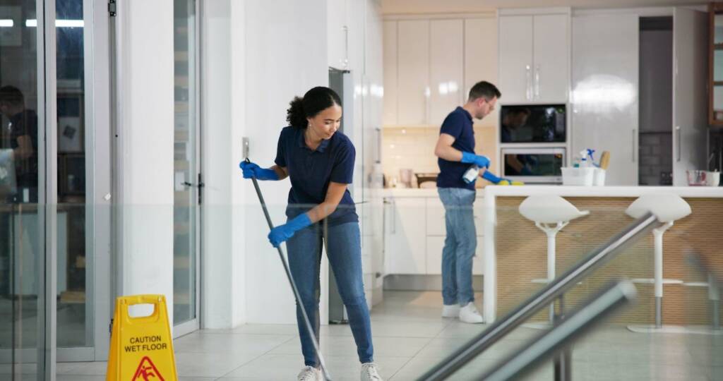 Trained commercial cleaners mopping and disinfecting an office space - Paragon Peak Building Maintenance Trained commercial cleaners mopping and disinfecting an office space